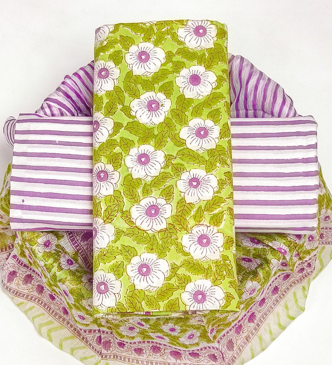 Pure Cotton Hand Block Printed Suit Set With Chiffon Dupatta