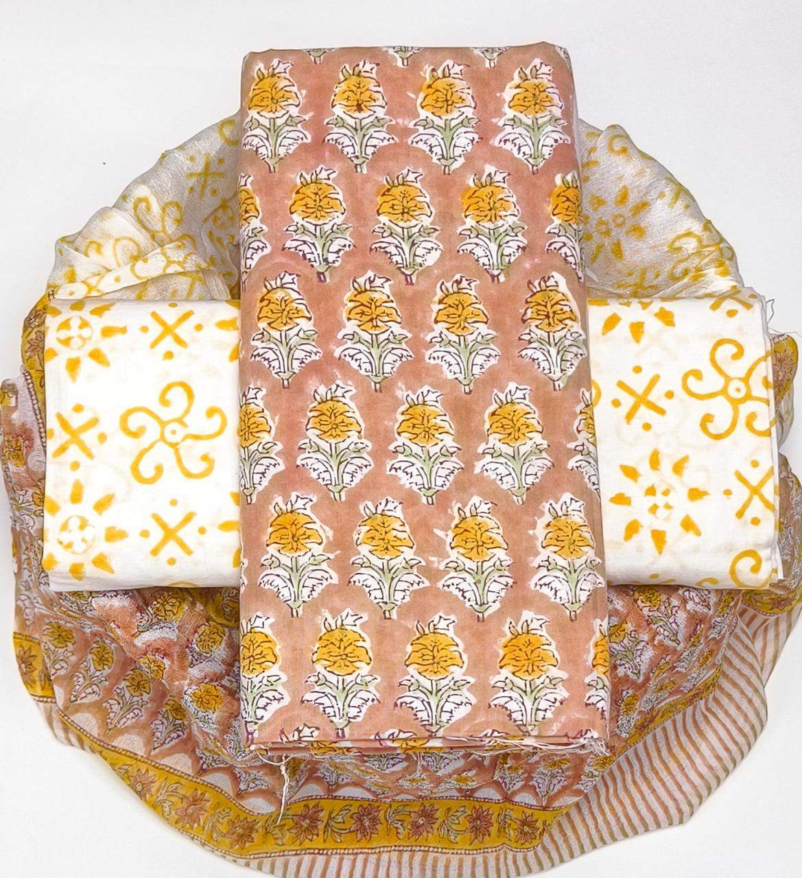 Pure Cotton Hand Block Printed Suit Set With Chiffon Dupatta