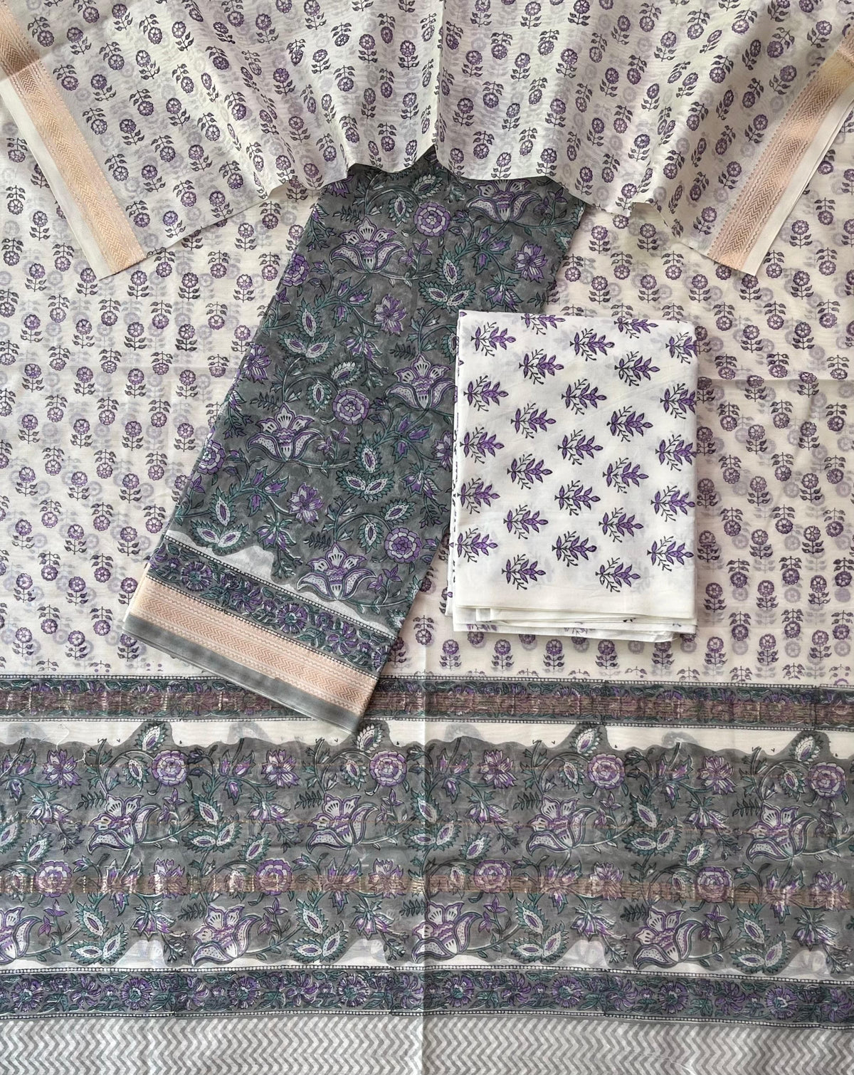 Premium Designer Handblock Printed Maheshwari Silk Suit Set