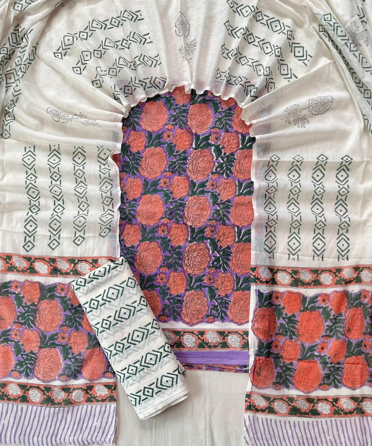 Pure Soft Cotton Hand Block Printed Suit Set With Cotton Dupatta