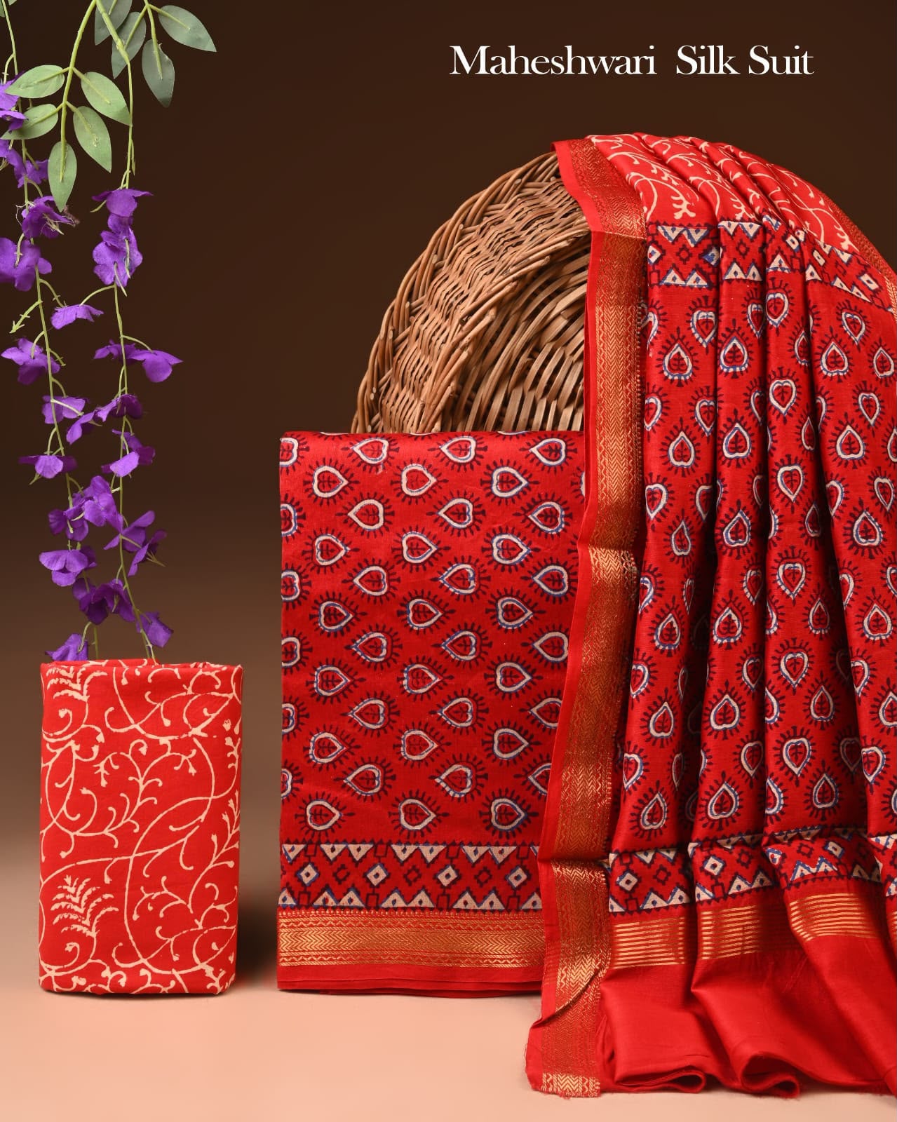 Premium Designer Handblock Printed Maheshwari Silk Suit Set