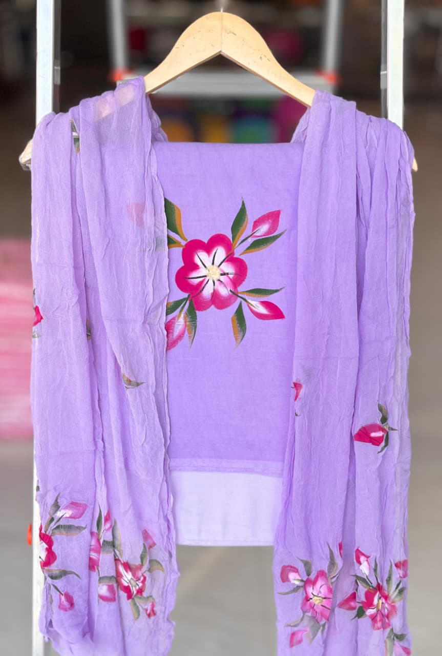 Pure Cotton Hand Block Printed Suit Set With Chiffon Dupatta
