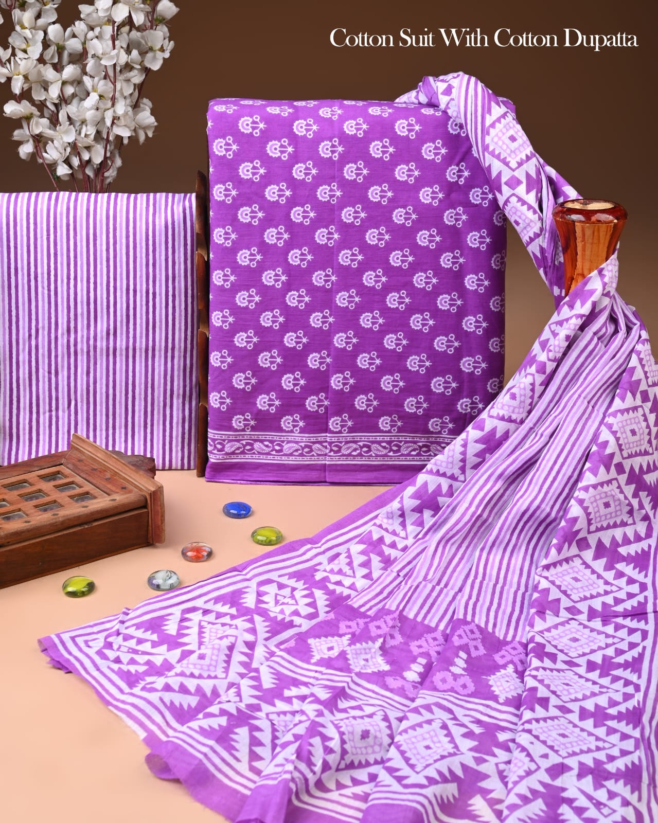 Designer Hand Block Printed Cotton Suit Set With Cotton Dupatta