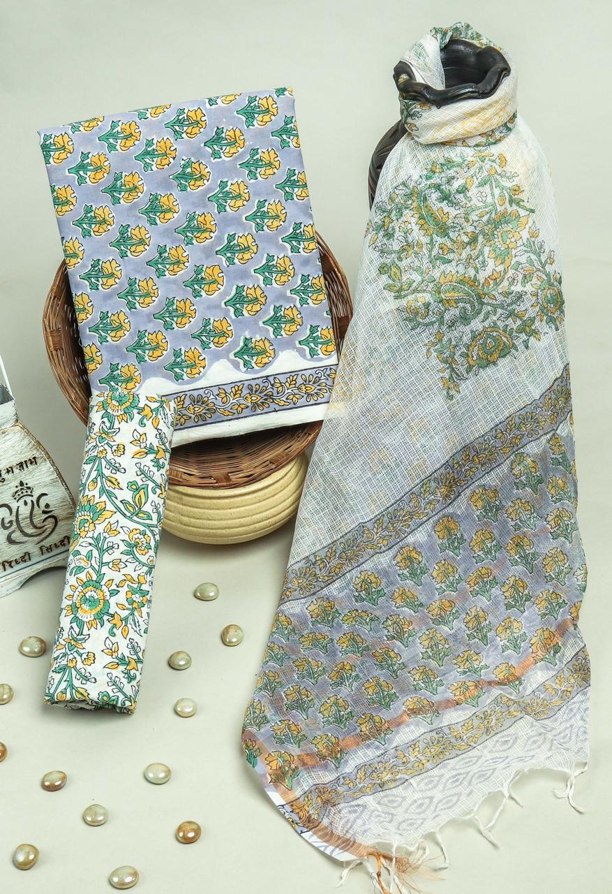 Pure Cotton Hand Block Printed Suit Set With Kota Doria Dupatta