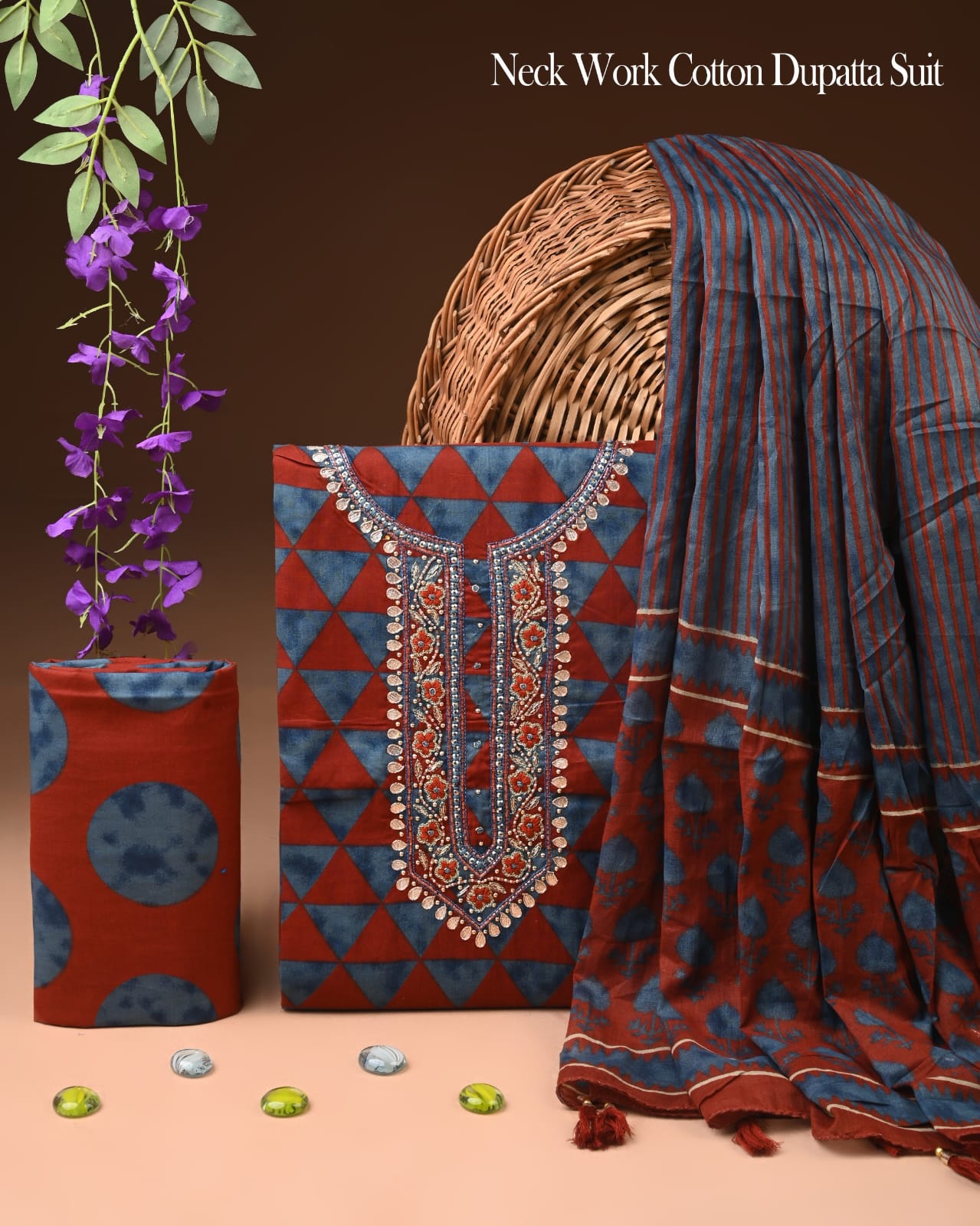 Premium Gota Patti Work Cotton Suit Set With Chiffon Dupatta