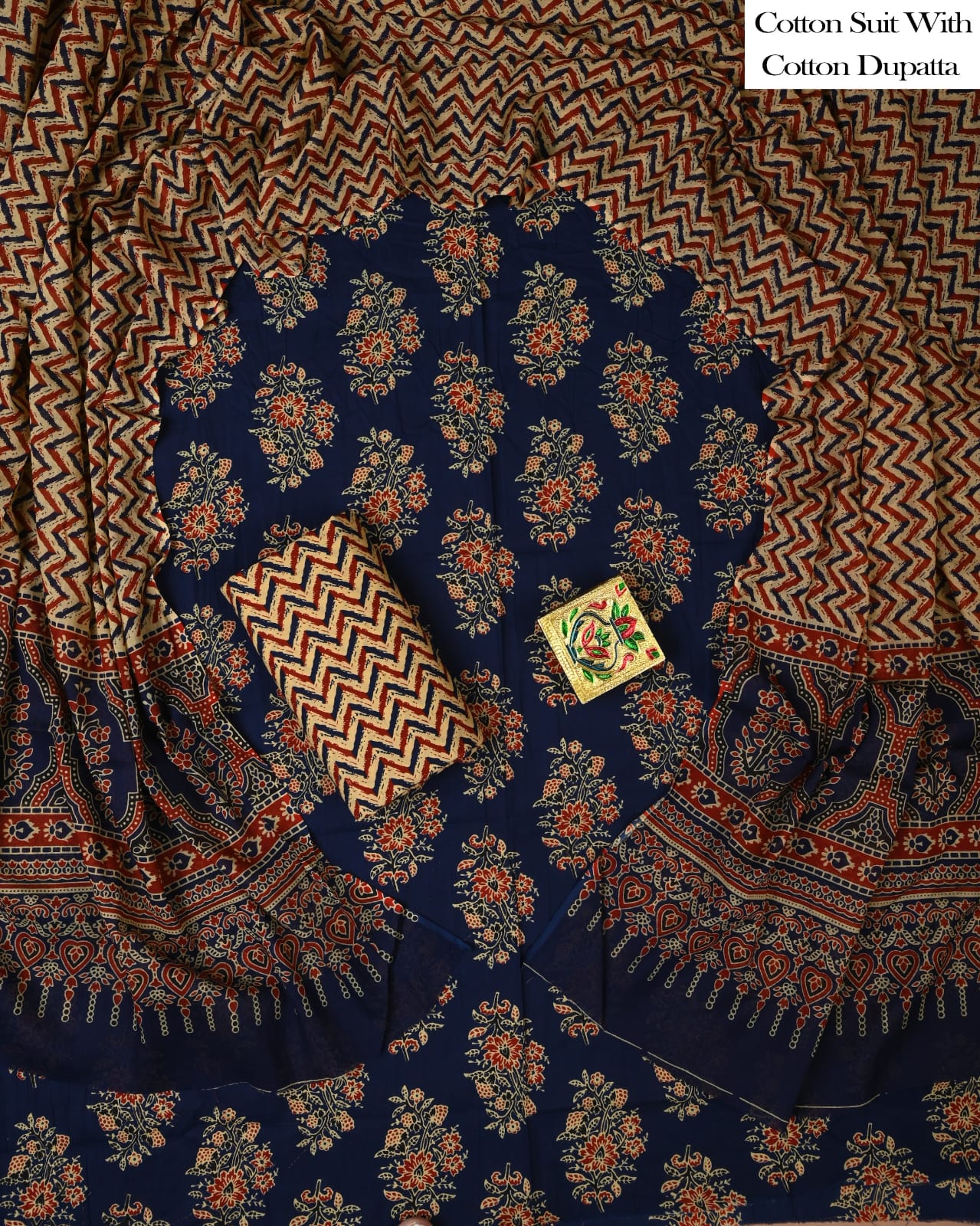 Designer Hand Block Printed Cotton Suit Set With Cotton Dupatta