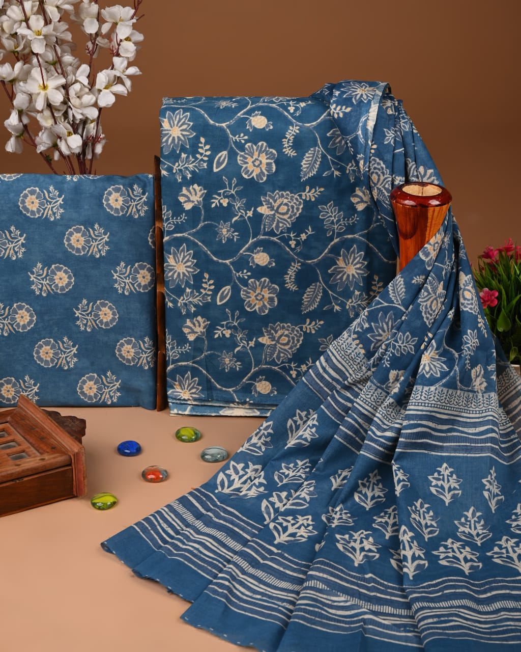 Designer Hand Block Printed Cotton Suit Set With Cotton Dupatta