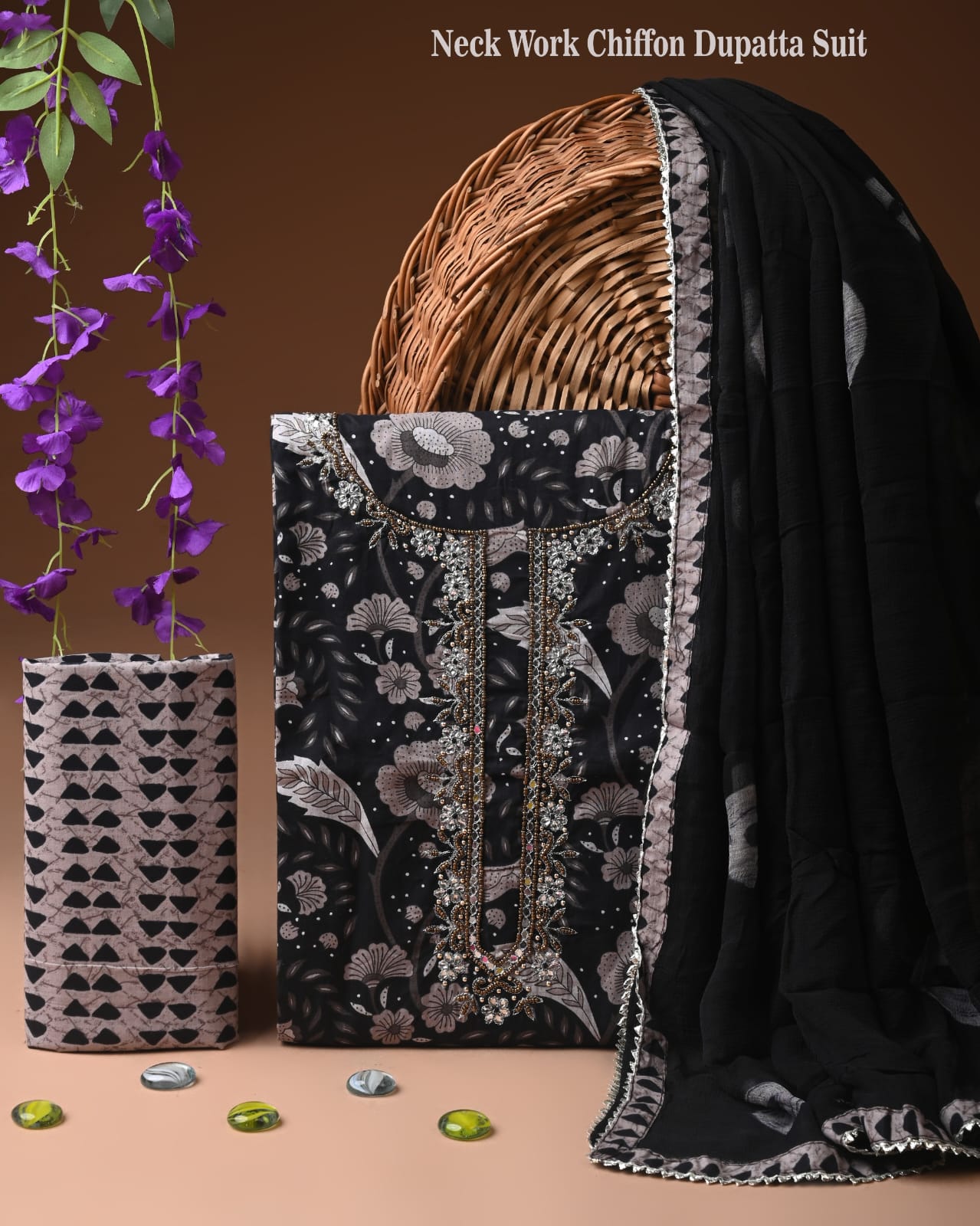 Premium Gota Patti Work Cotton Suit Set With Chiffon Dupatta