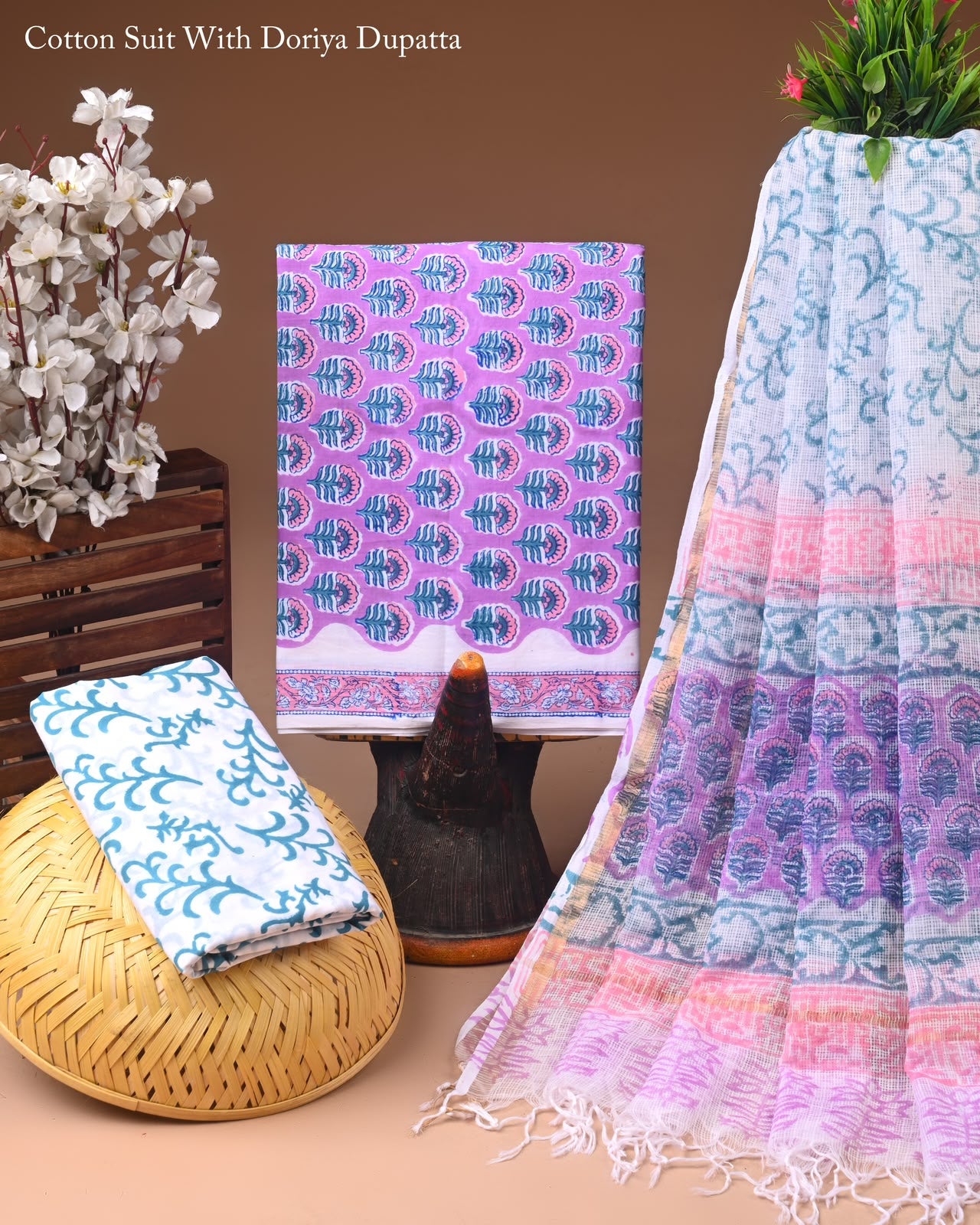 Pure Cotton Hand Block Printed Suit Set With Kota Doria Dupatta