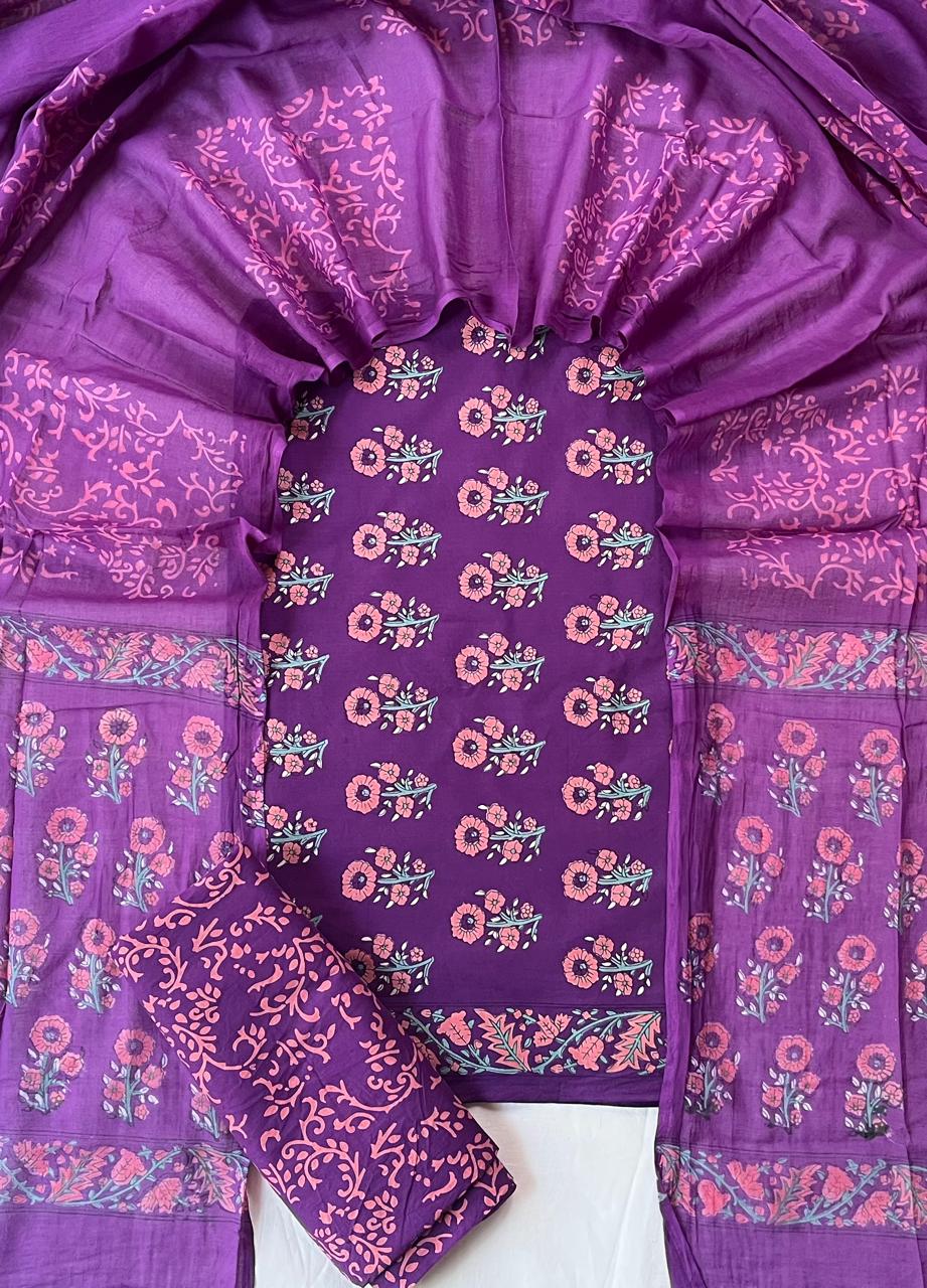 Pure Soft Cotton Hand Block Printed Suit Set With Cotton Dupatta