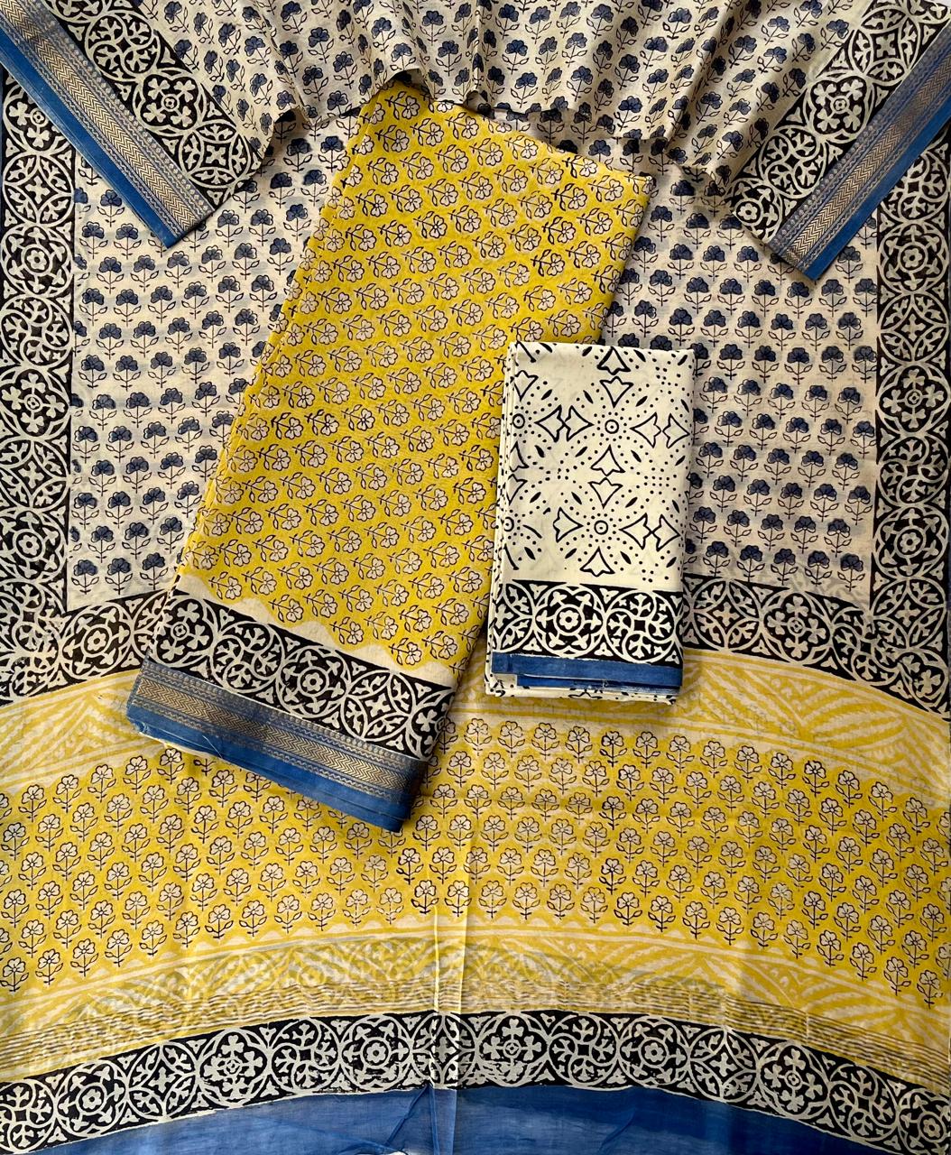 Premium Designer Handblock Printed Maheshwari Silk Suit Set