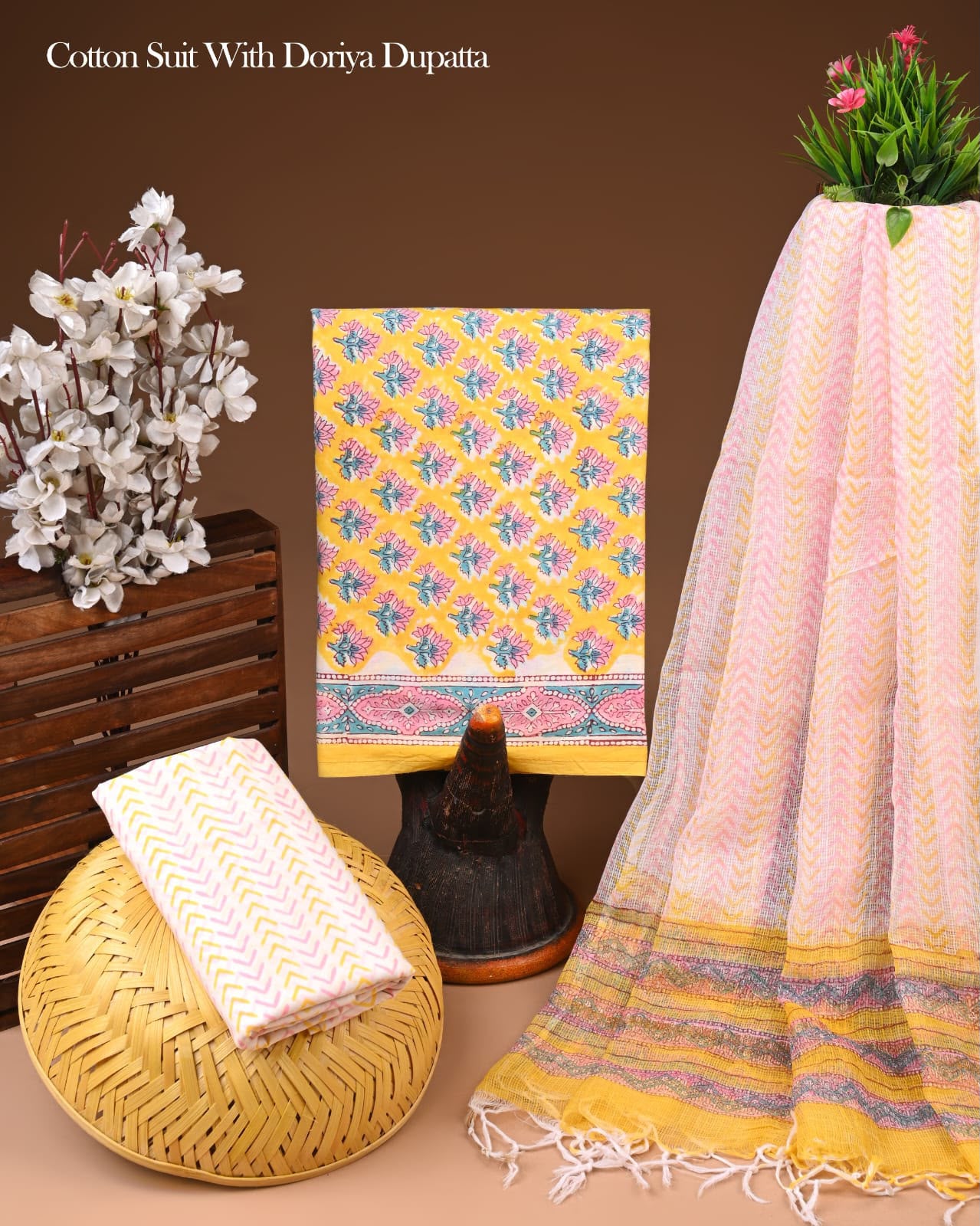 Pure Cotton Hand Block Printed Suit Set With Kota Doria Dupatta