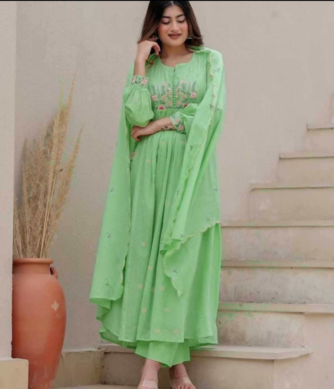 Pure Cotton Anarkali Suit Set With Beautiful Embroidery Work