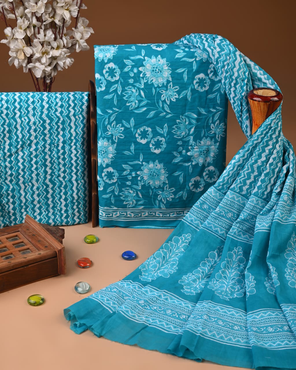Designer Hand Block Printed Cotton Suit Set With Cotton Dupatta