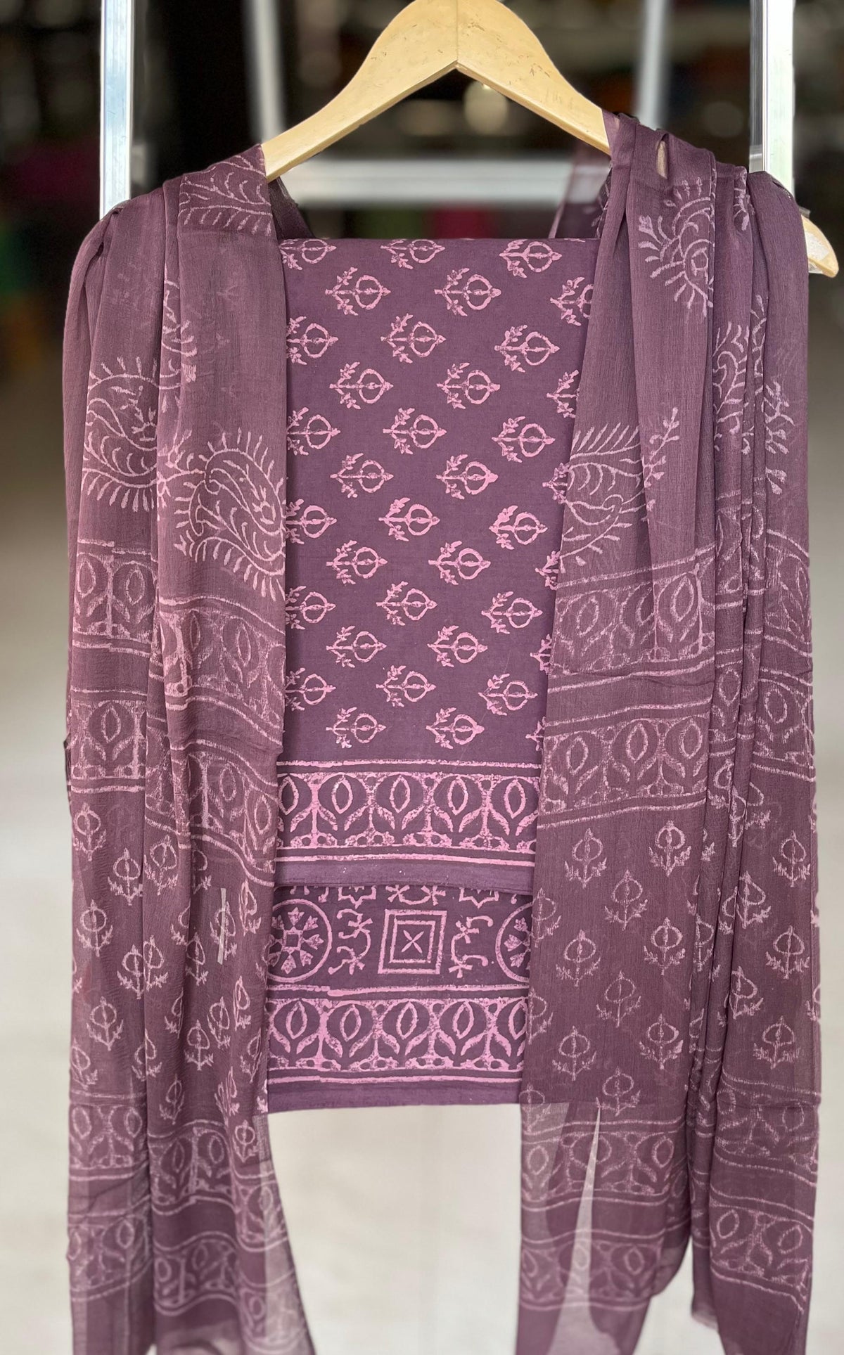 Pure Soft Cotton Hand Block Printed Suit Set With Chiffon Dupatta