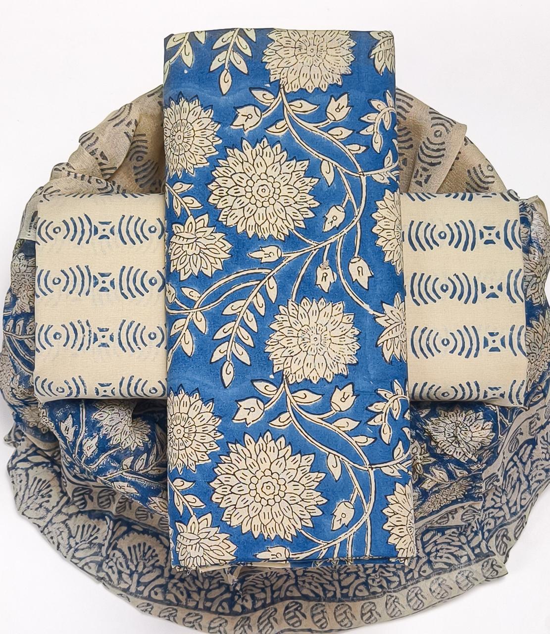 Pure Cotton Hand Block Printed Suit Set With Chiffon Dupatta