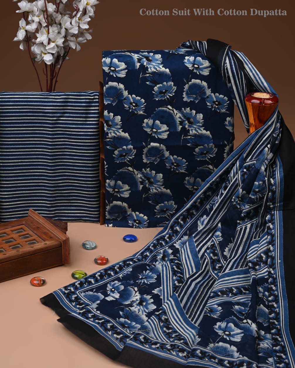 Designer Hand Block Printed Cotton Suit Set With Cotton Dupatta