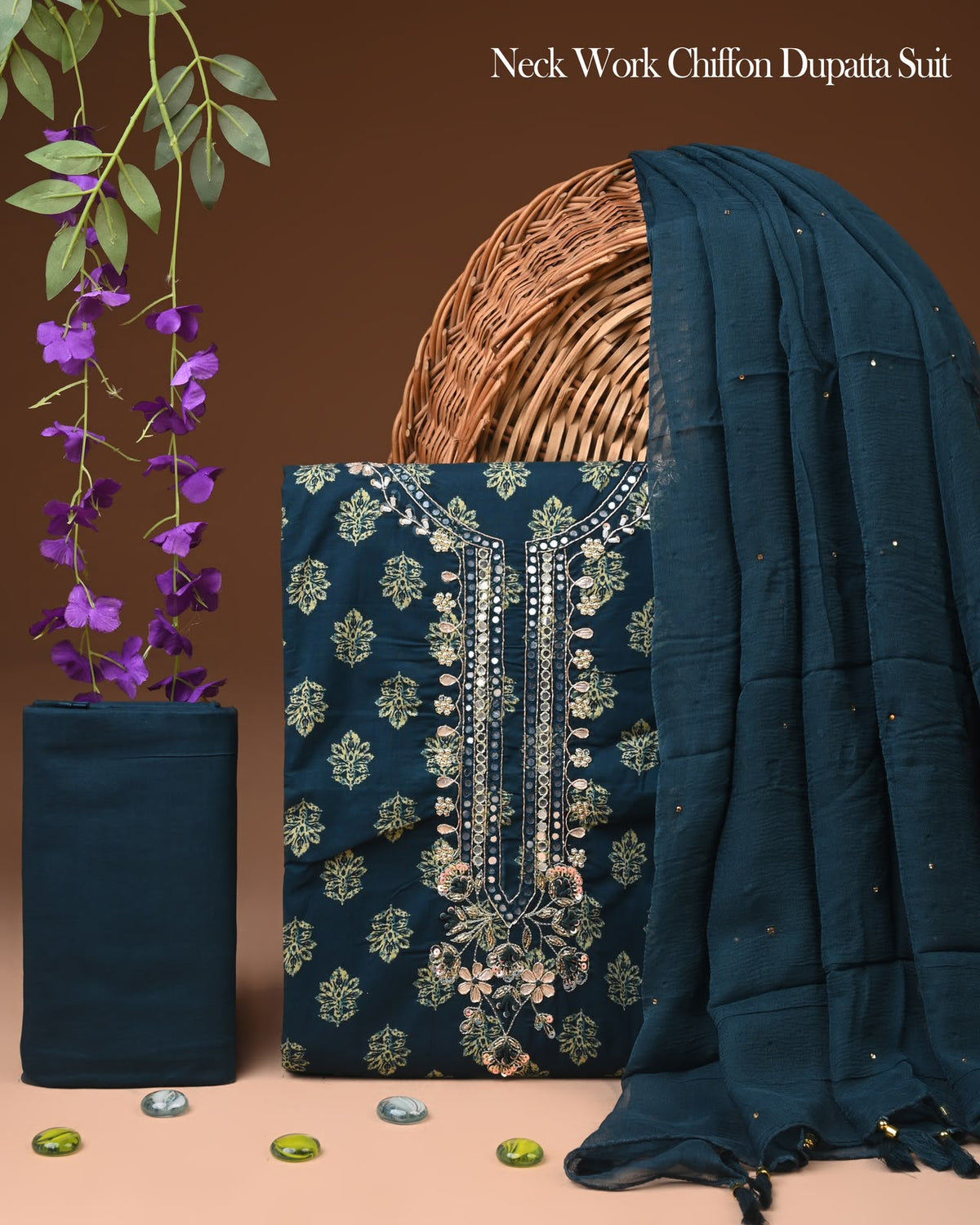 Premium Gota Patti Work Cotton Suit Set With Chiffon Dupatta