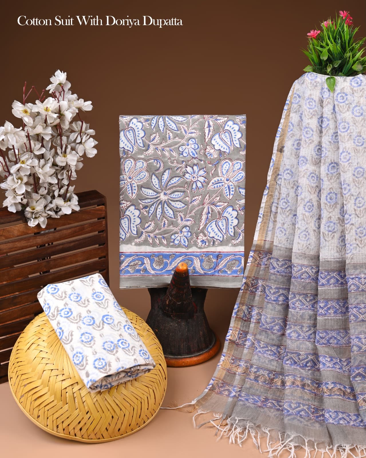 Pure Cotton Hand Block Printed Suit Set With Kota Doria Dupatta