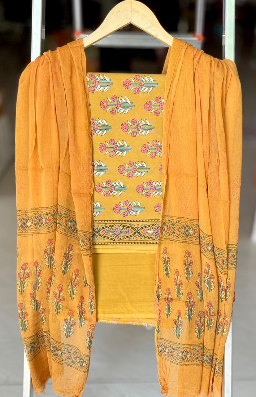 Pure Cotton Hand Block Printed Suit Set With Chiffon Dupatta