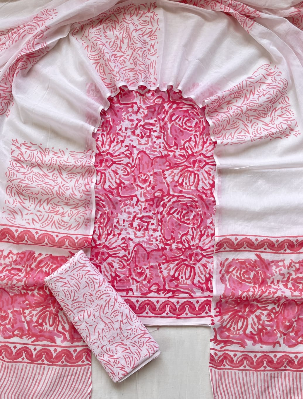 Pure Soft Cotton Hand Block Printed Suit Set With Cotton Dupatta