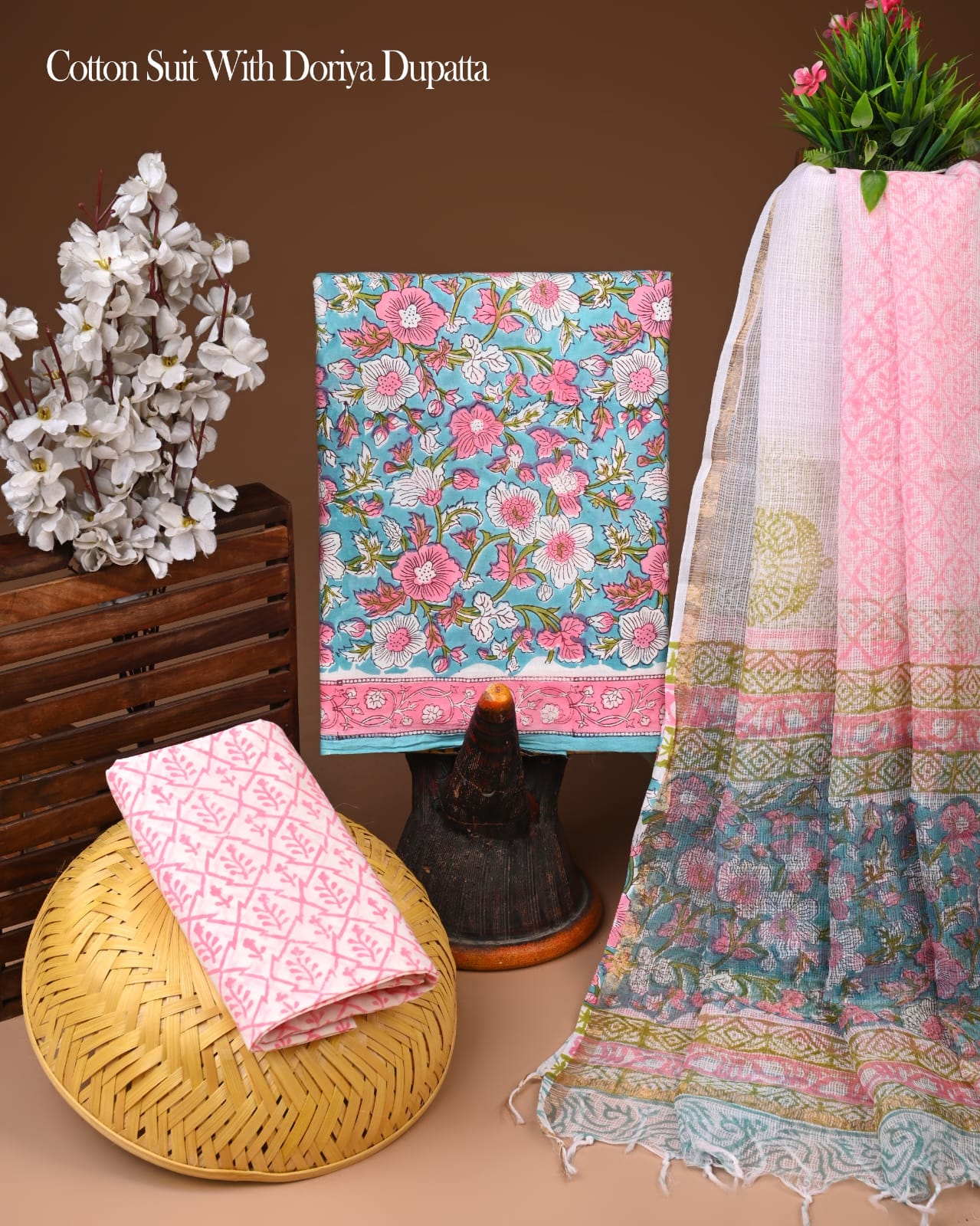 Pure Cotton Hand Block Printed Suit Set With Kota Doria Dupatta