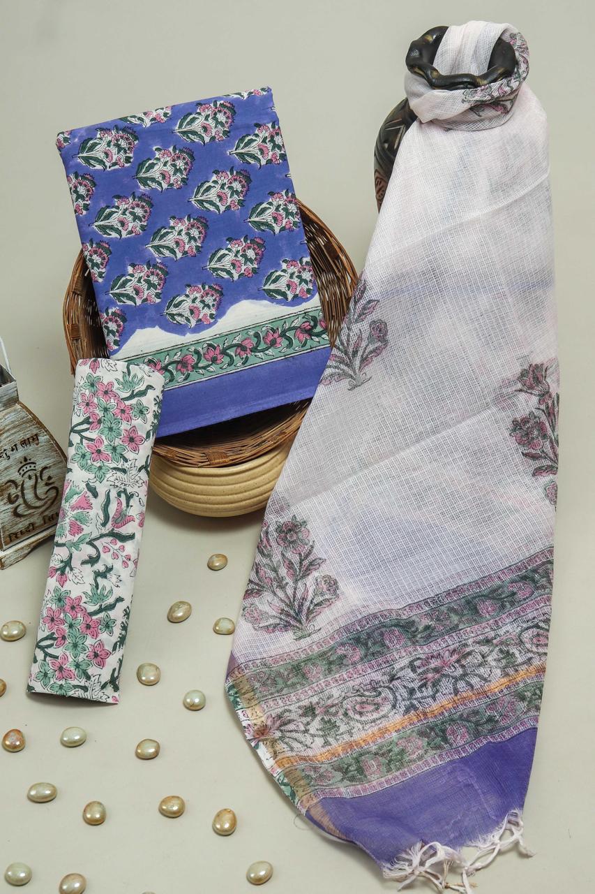 Pure Cotton Hand Block Printed Suit Set With Kota Doria Dupatta