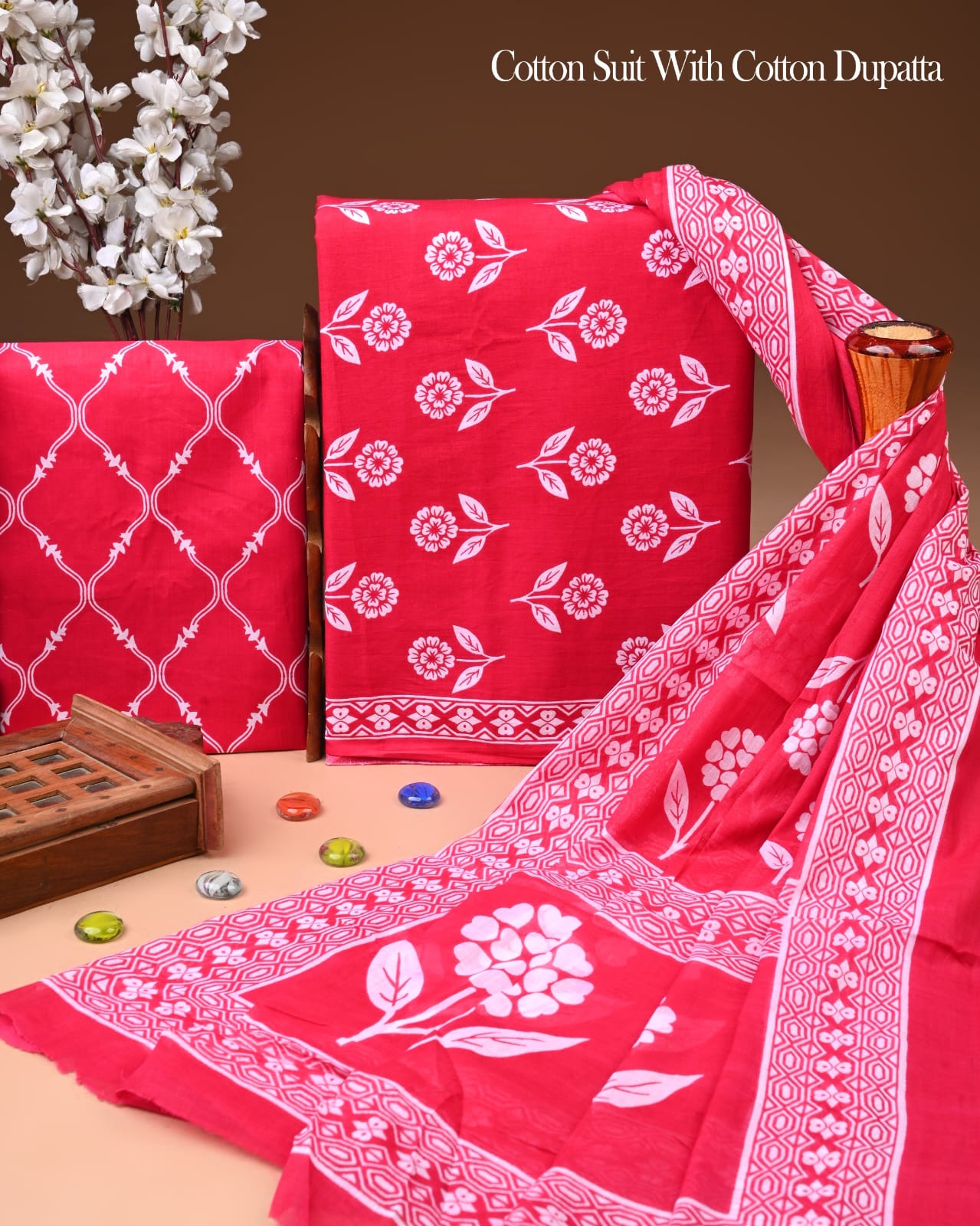 Designer Hand Block Printed Cotton Suit Set With Cotton Dupatta