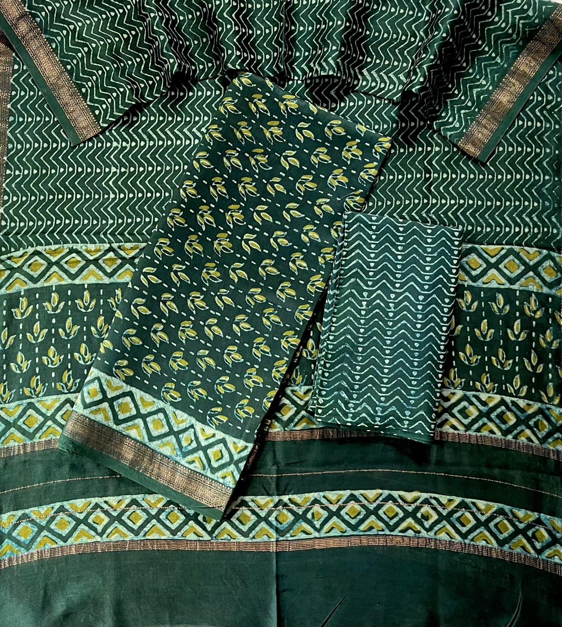 Premium Designer Handblock Printed Maheshwari Silk Suit Set