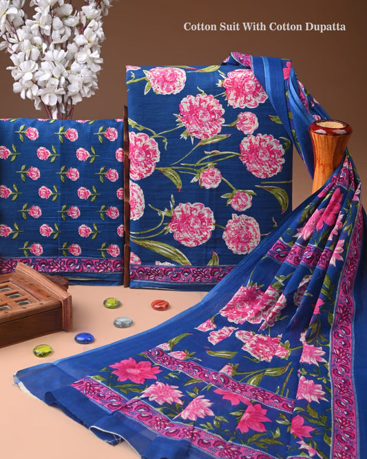 Designer Hand Block Printed Cotton Suit Set With Cotton Dupatta