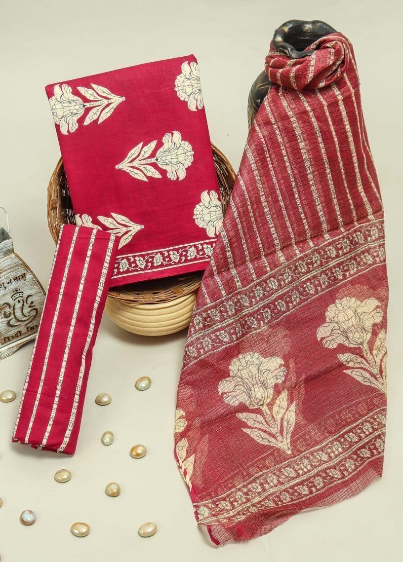 Pure Cotton Hand Block Printed Suit Set With Kota Doria Dupatta