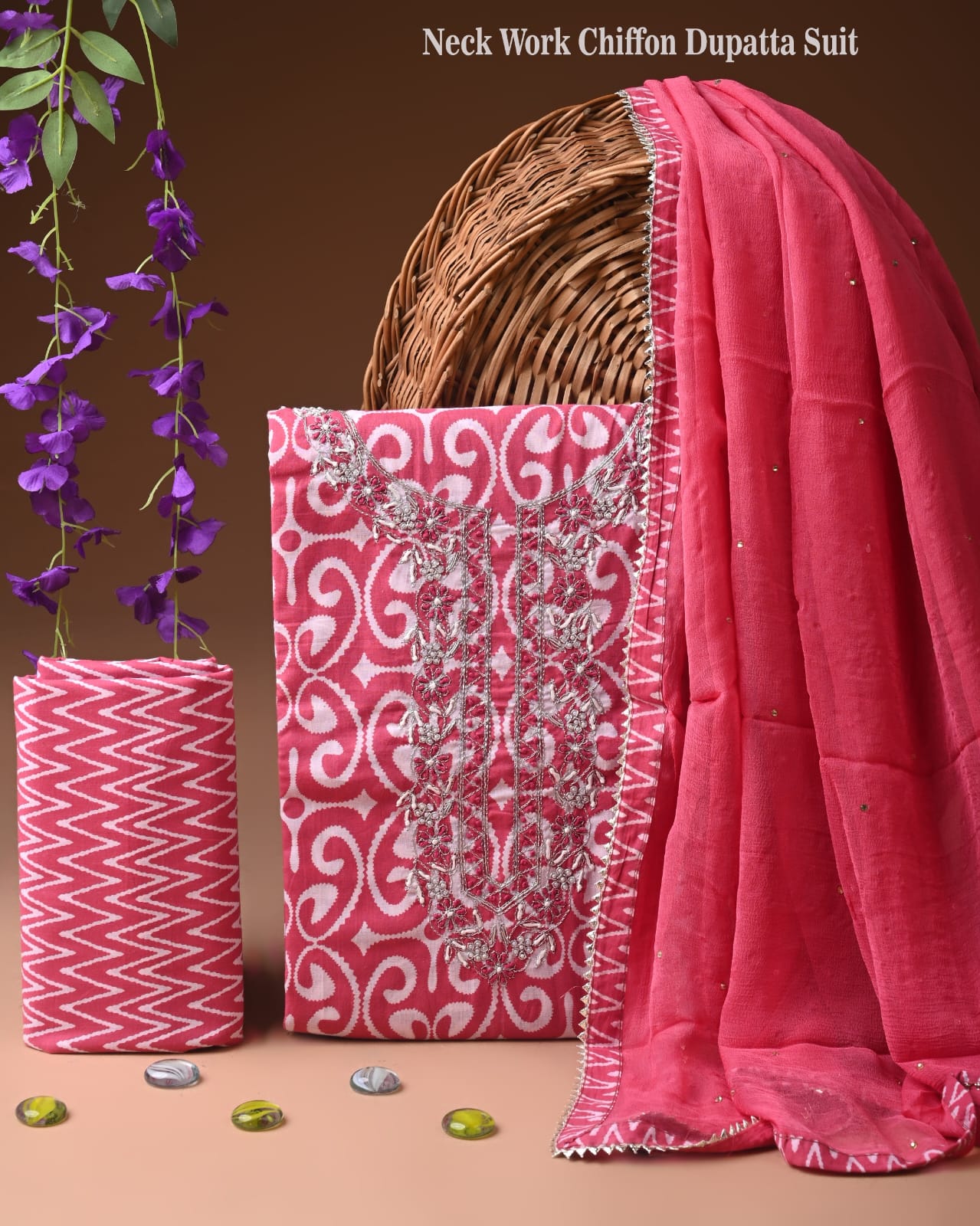 Premium Gota Patti Work Cotton Suit Set With Chiffon Dupatta