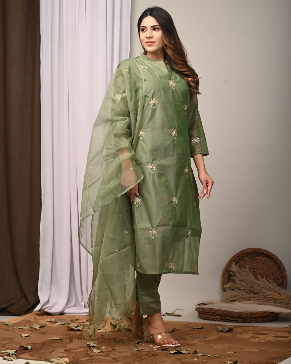 Elegant Coral Chanderi Silk Hand-Embroidered Suit Set with Dupatta