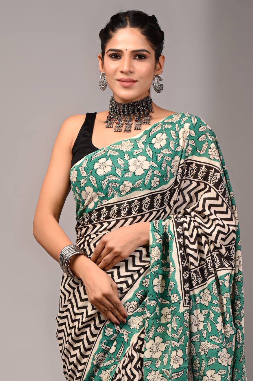 Pure Soft Cotton Handblock Printed Saree With Blouse
