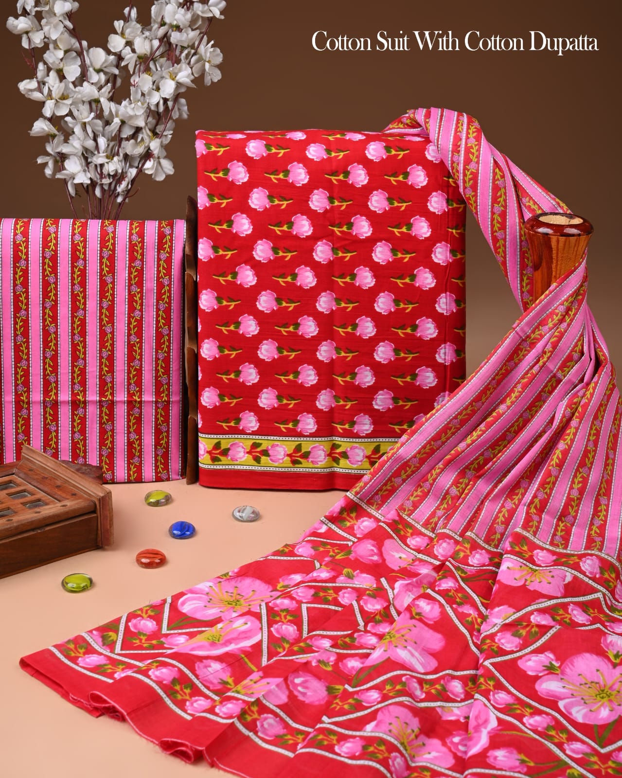 Designer Hand Block Printed Cotton Suit Set With Cotton Dupatta