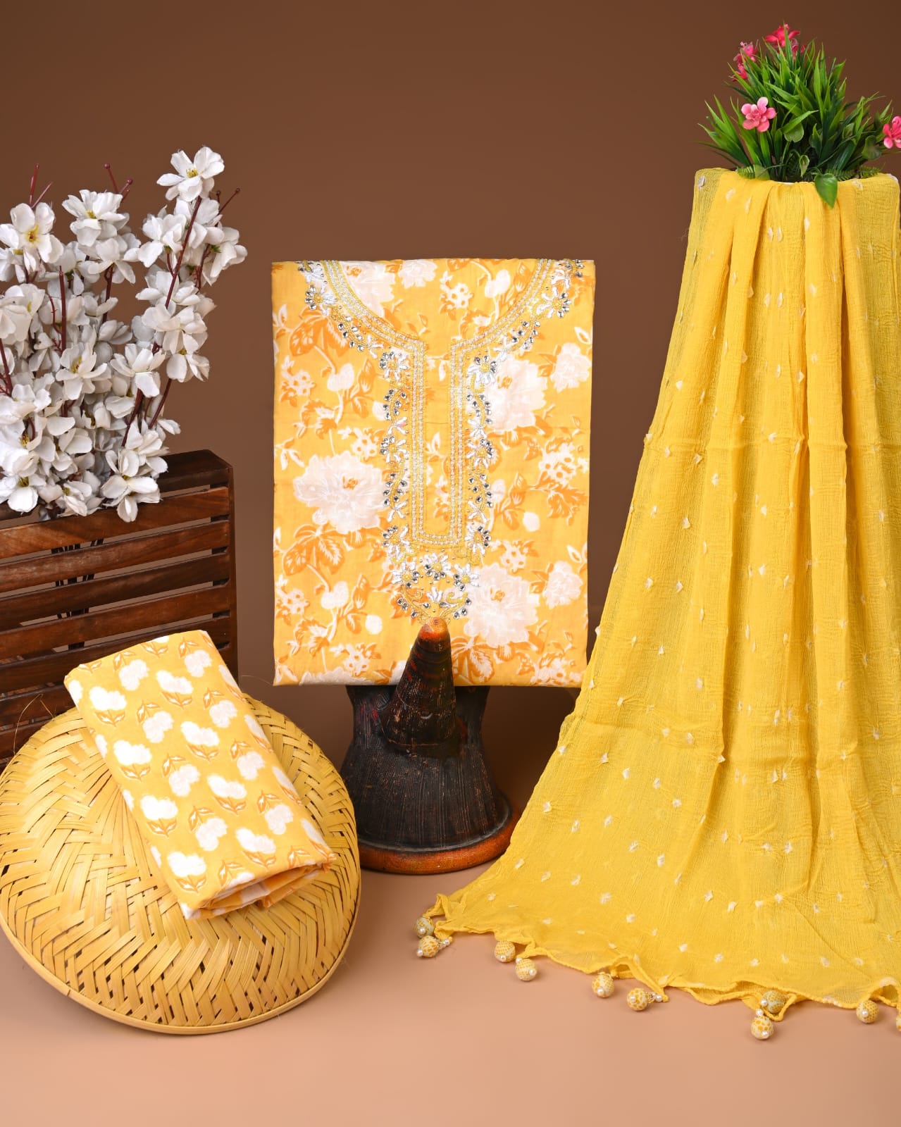Premium Gota Patti Work Cotton Suit Set With Chiffon Dupatta