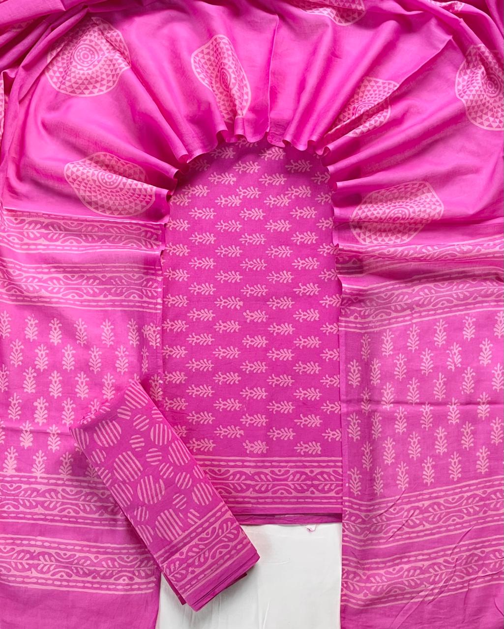 Pure Soft Cotton Hand Block Printed Suit Set With Cotton Dupatta