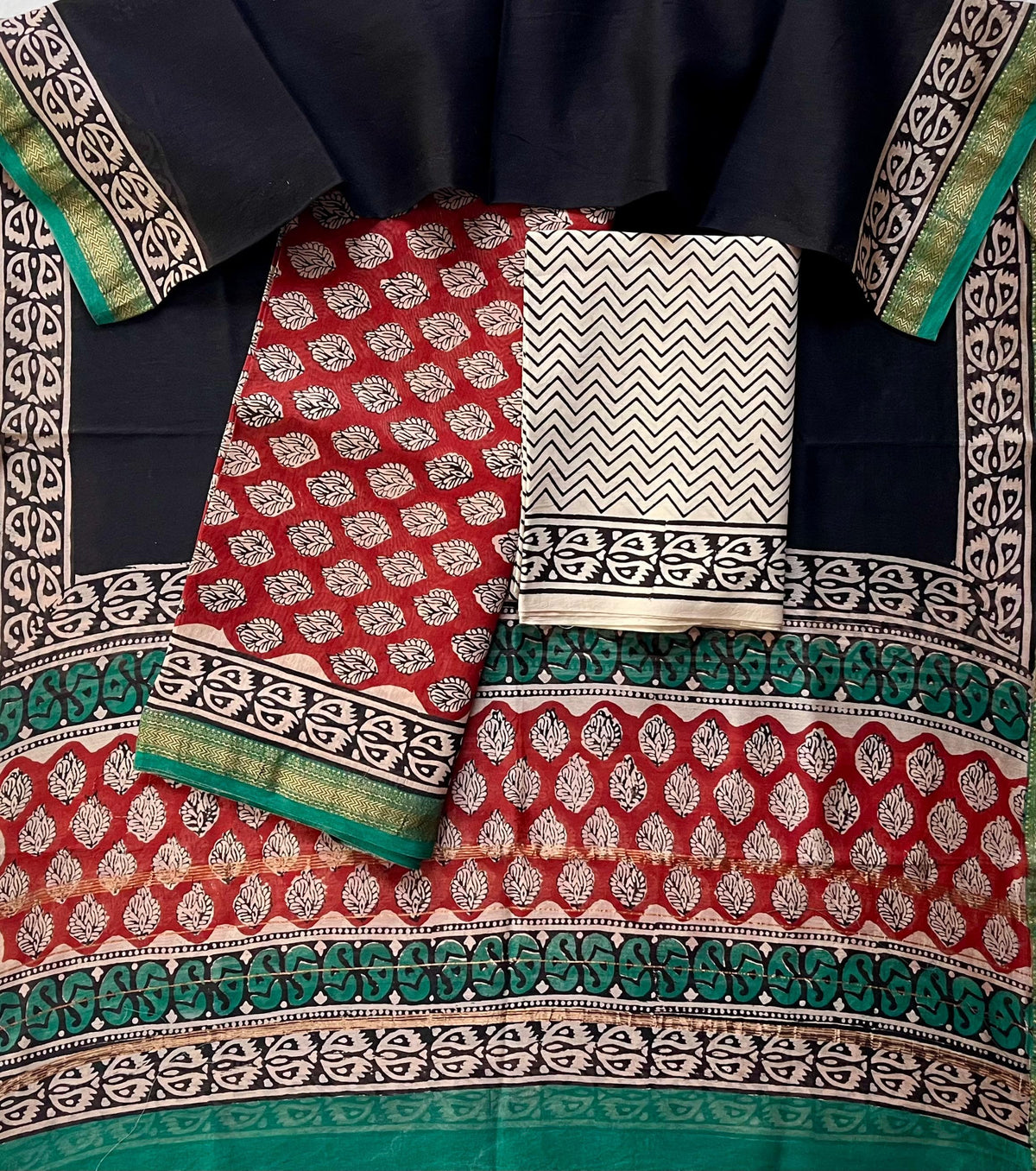 Premium Designer Handblock Printed Maheshwari Silk Suit Set