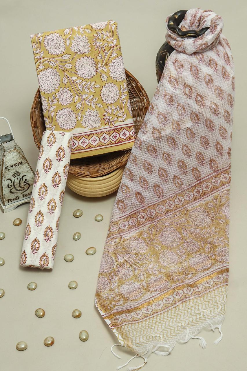 Pure Cotton Hand Block Printed Suit Set With Kota Doria Dupatta