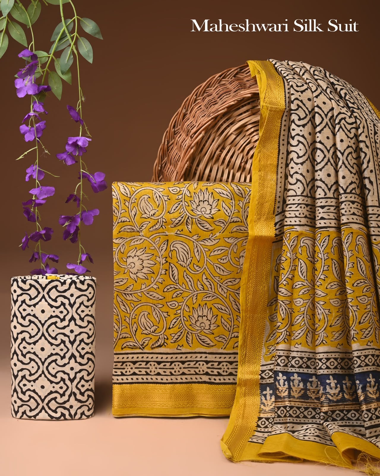 Premium Designer Handblock Printed Maheshwari Silk Suit Set