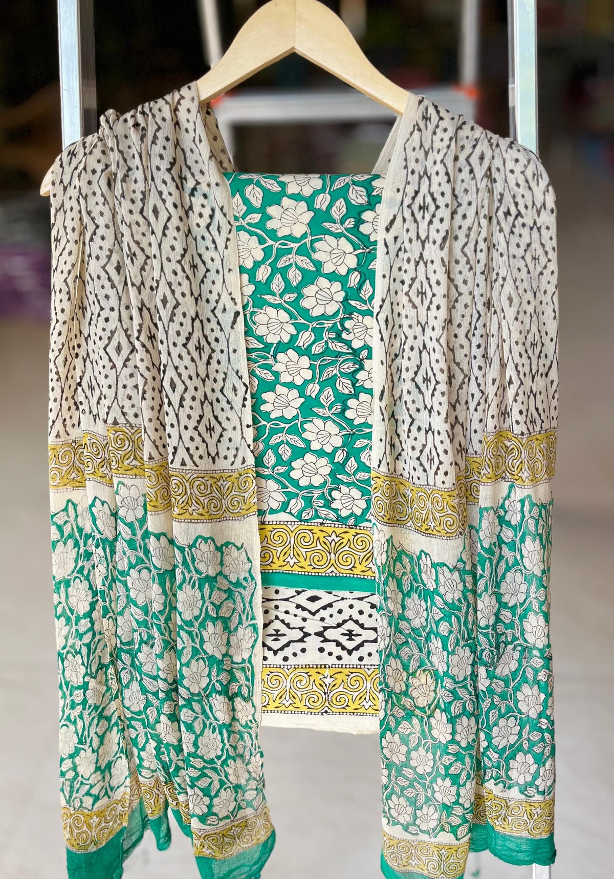 Pure Cotton Hand Block Printed Suit Set With Chiffon Dupatta