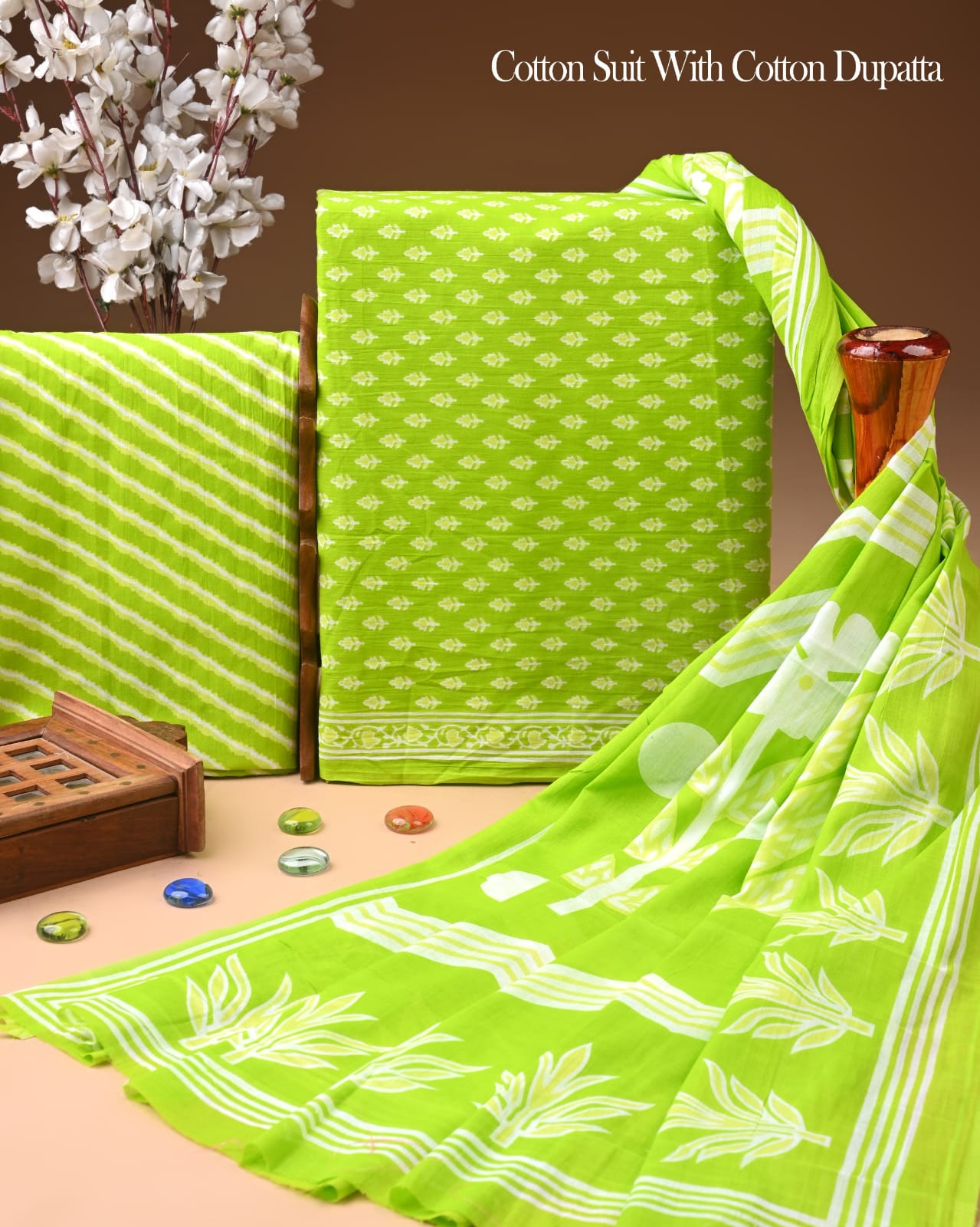 Pure Soft Cotton Hand Block Printed Suit Set With Cotton Dupatta
