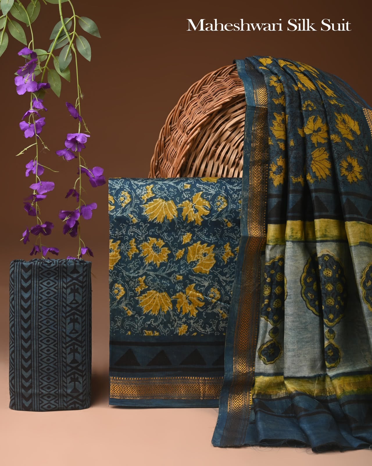 Premium Designer Handblock Printed Maheshwari Silk Suit Set