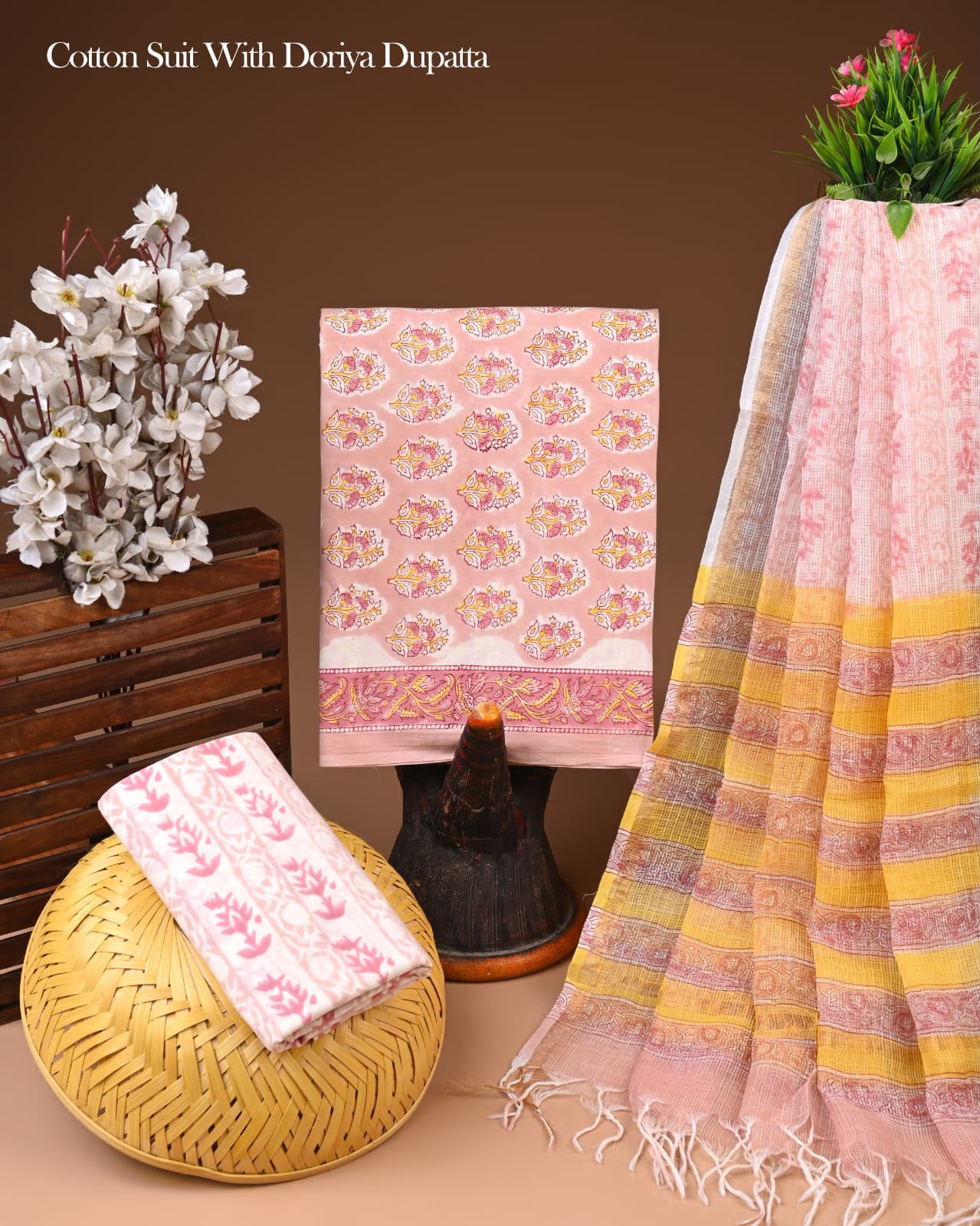 Pure Cotton Hand Block Printed Suit Set With Kota Doria Dupatta