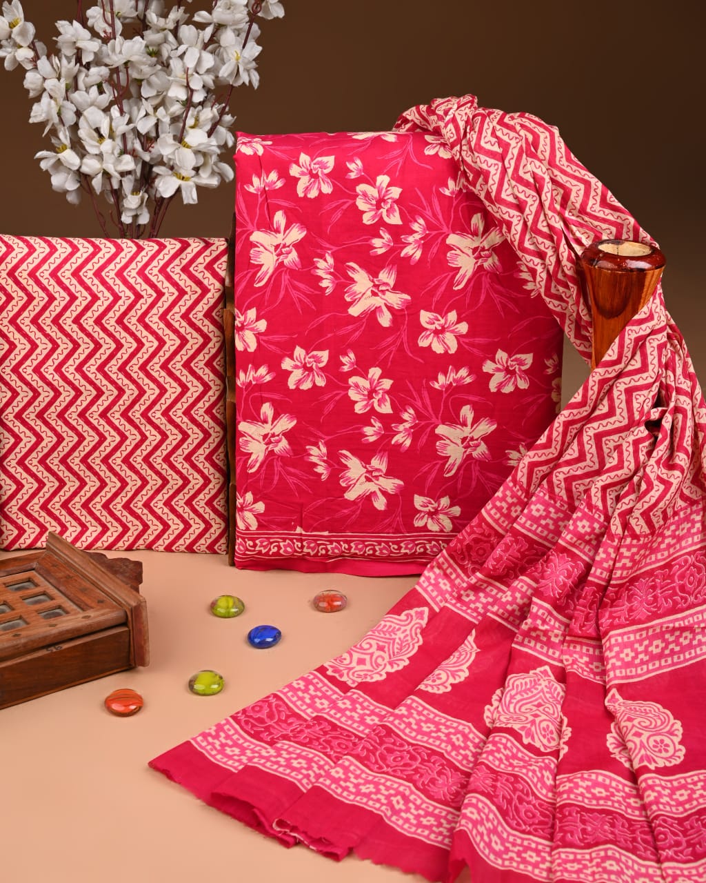 Designer Hand Block Printed Cotton Suit Set With Cotton Dupatta