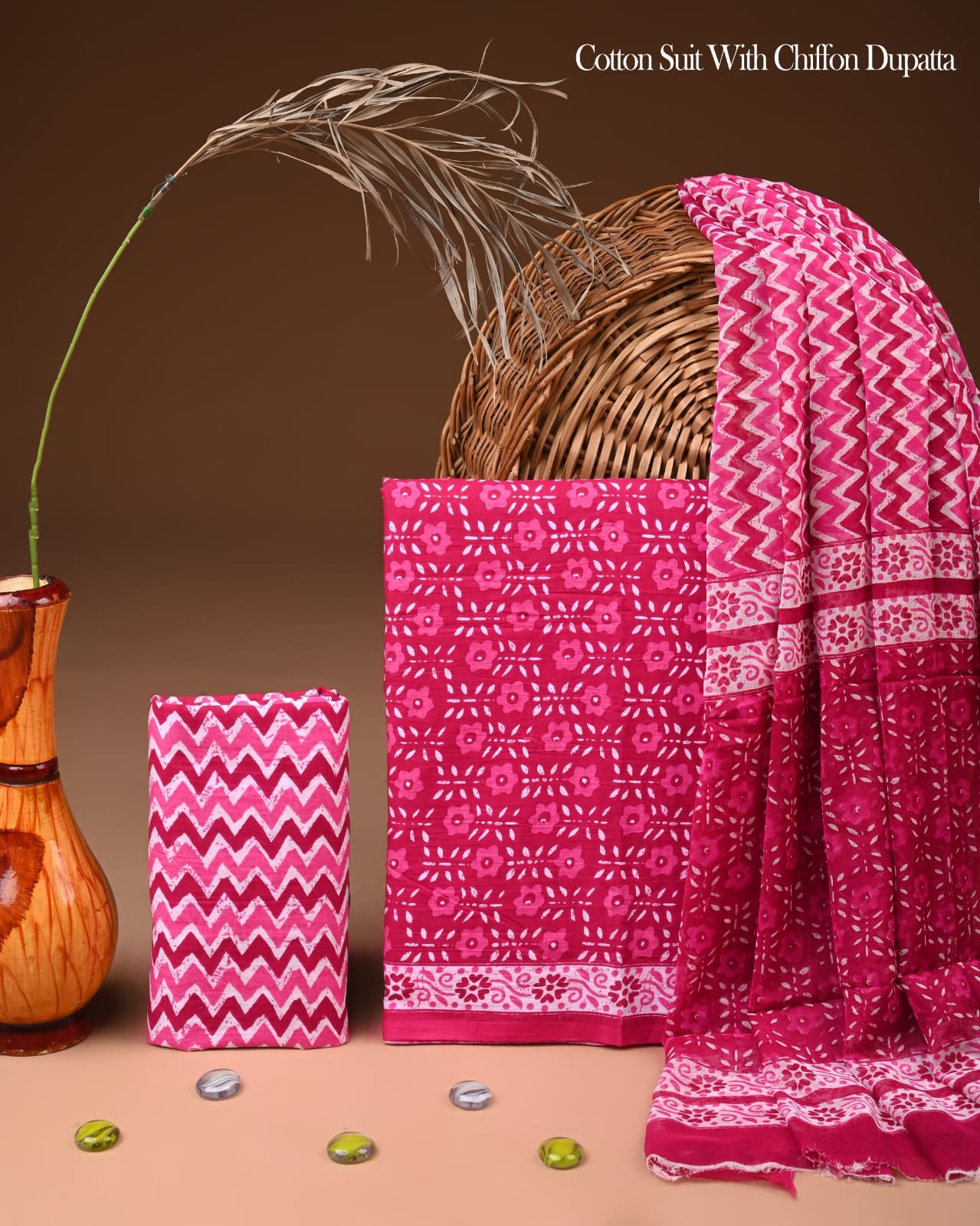 Pure Cotton Hand Block Printed Suit Set With Chiffon Dupatta