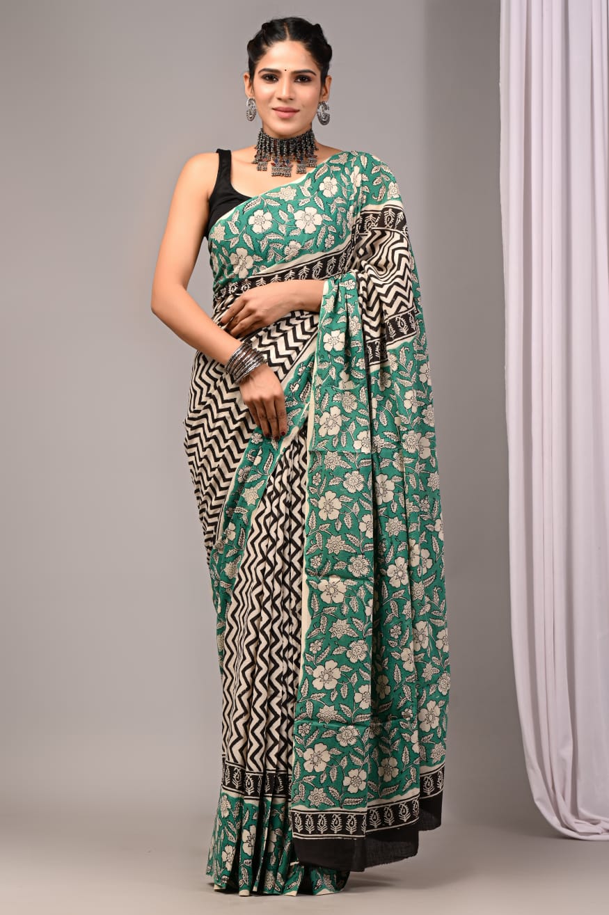 Pure Soft Cotton Handblock Printed Saree With Blouse