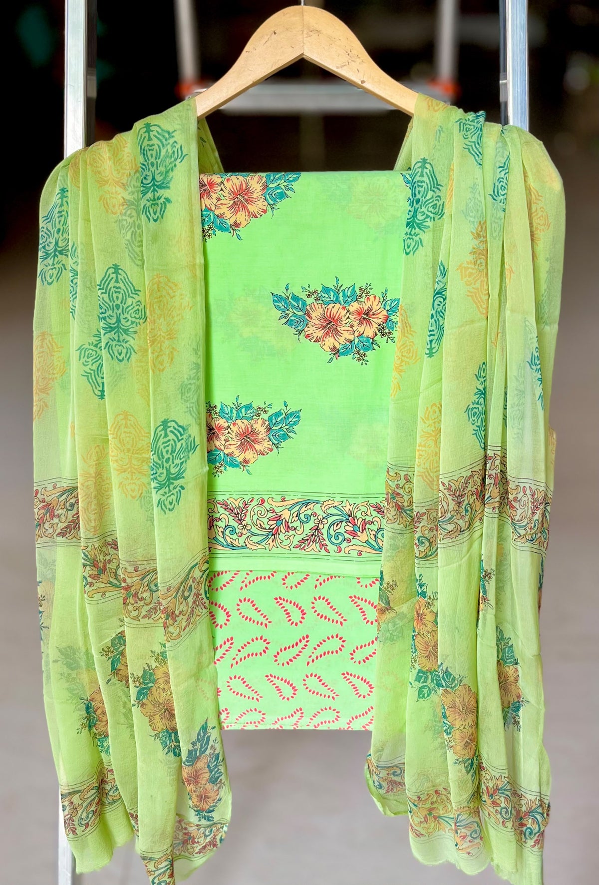 Pure Cotton Hand Block Printed Suit Set With Chiffon Dupatta