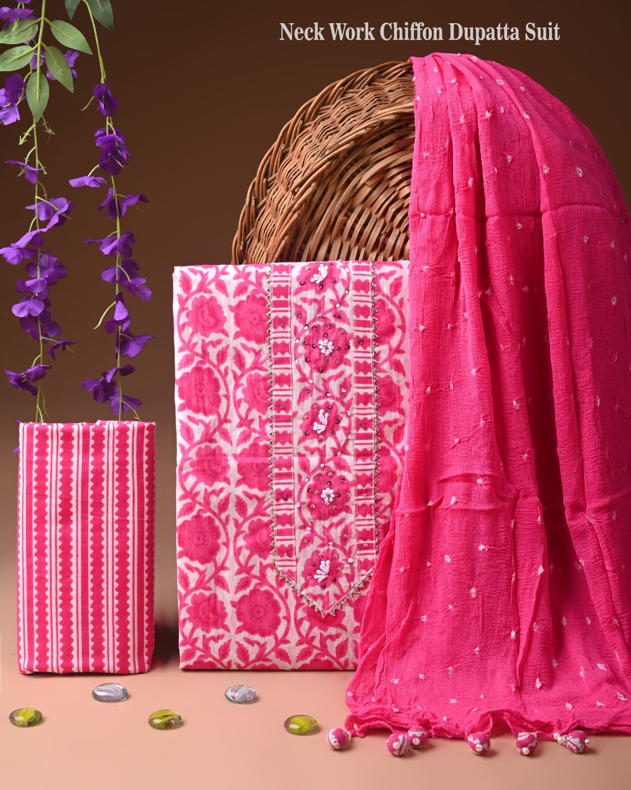 Premium Gota Patti Work Cotton Suit Set With Chiffon Dupatta