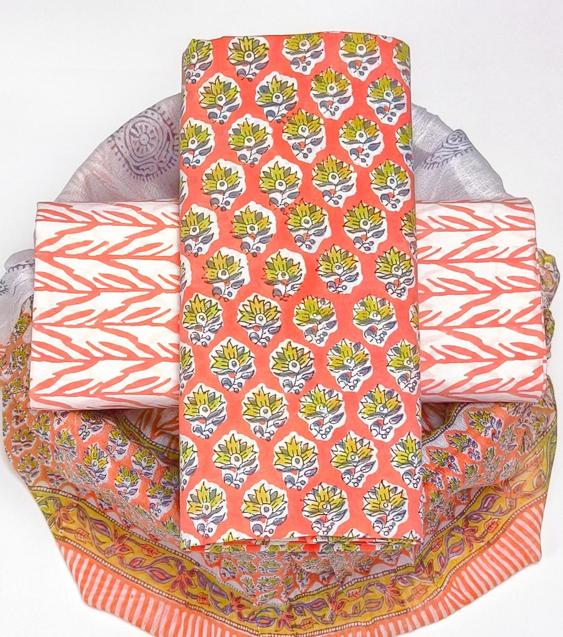 Pure Cotton Hand Block Printed Suit Set With Chiffon Dupatta